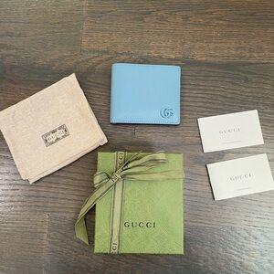 NEW GUCCI GG MARMONT BI-FOLD CARD CASE WALLET in BLUE LEATHER LOGO UNISEX